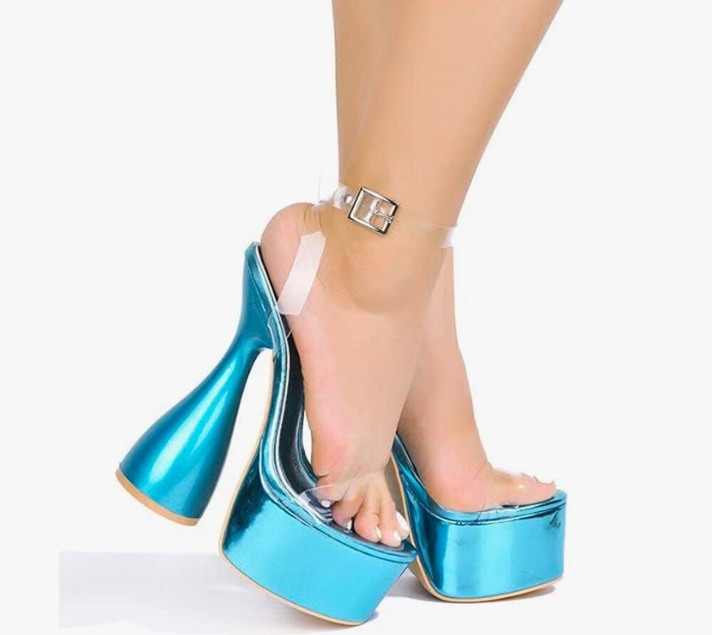 Cape Robbin Mailah Platform Block High Heels, Metallic Blue, Size 9